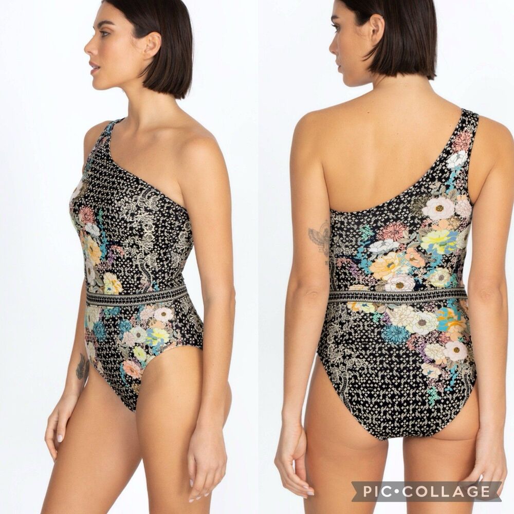 Johnny Was Black Floral One-Shoulder Swim One Piece